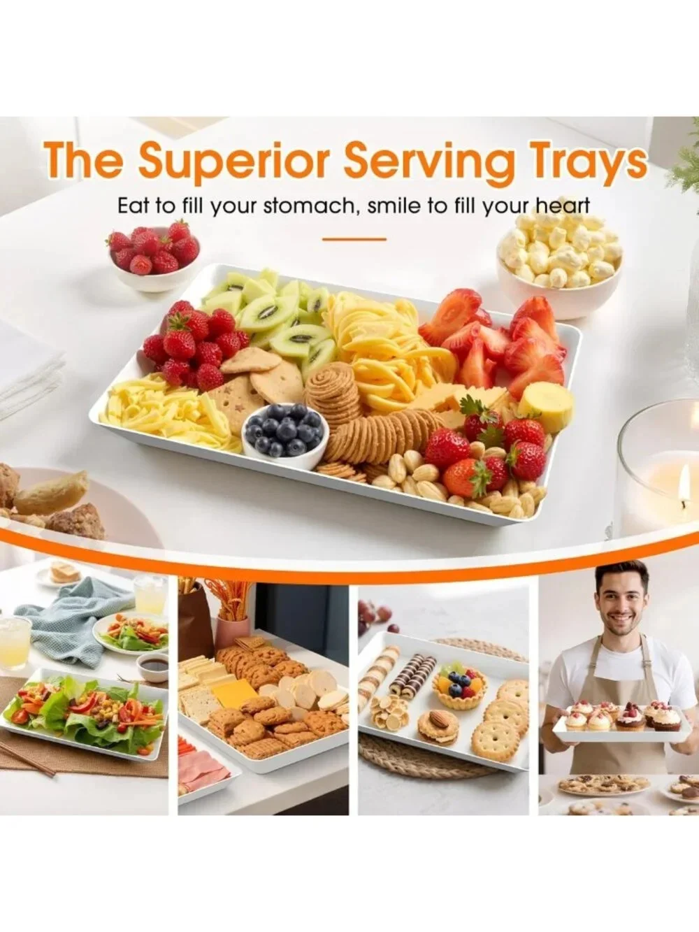 3 Pack White Rectangular Serving Trays - Large Reusable Platters for Party